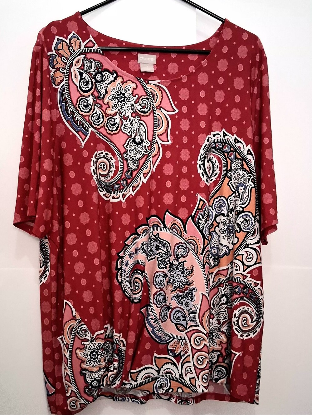 CHICO'S Red Paisley Scoop Neck Short Sleeve Top Size 3/ XL
